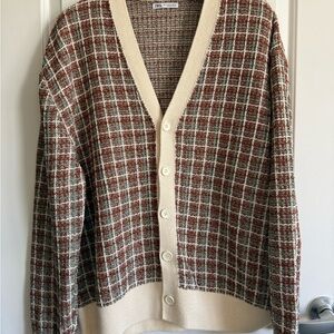 Zara Rust Brown Plaid Cardigan with Cream Trim